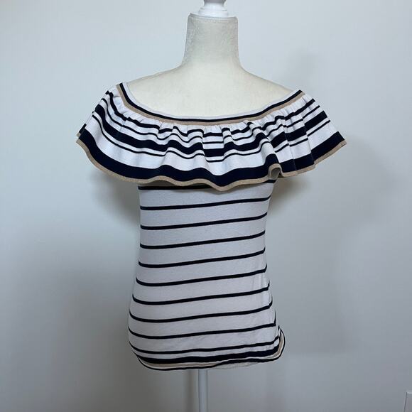 Lilly Pulitzer Perelle White Navy Gold Striped Off Shoulder Sweater Top Small - Picture 2 of 9